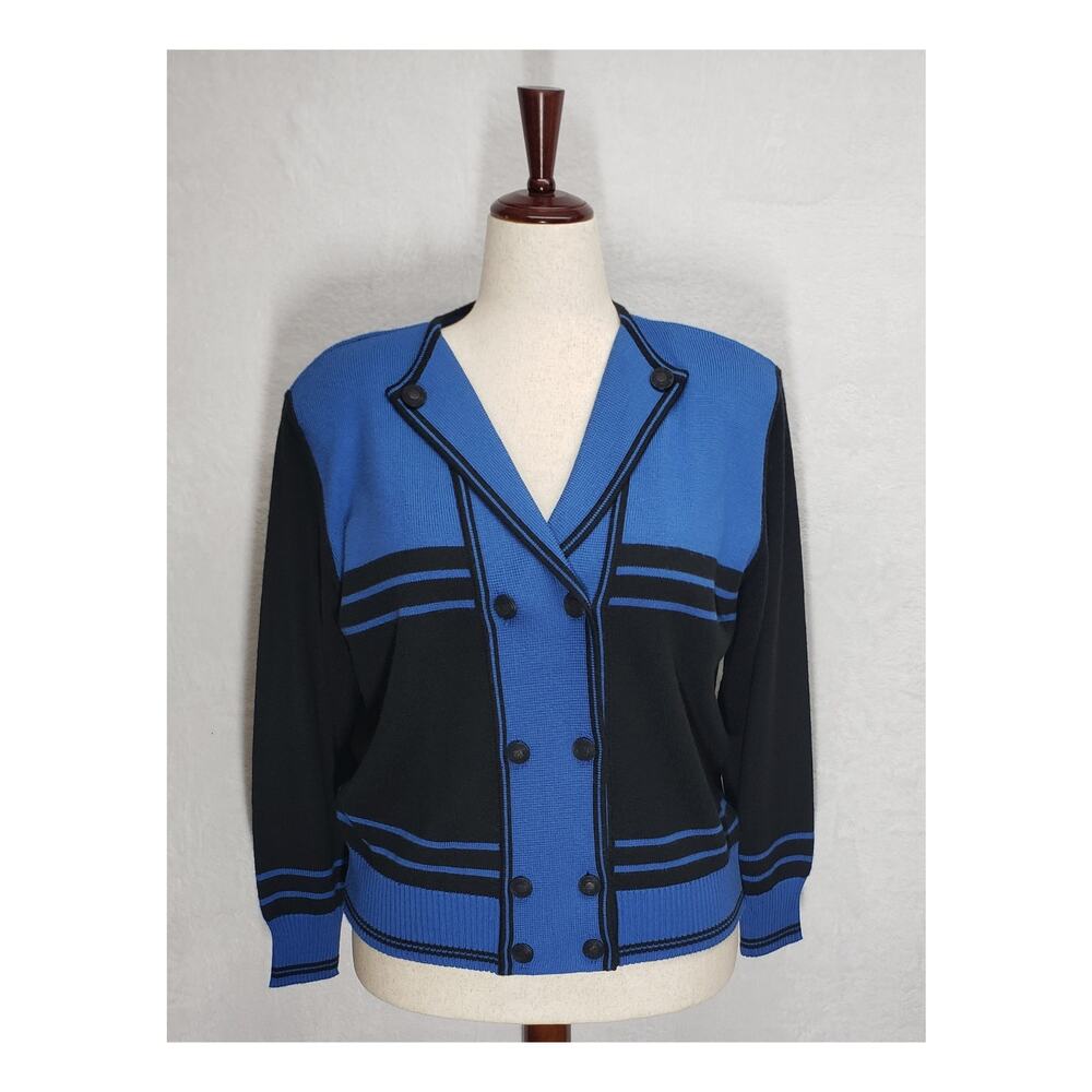 Vintage 80s Grazia Italian Knit Cardigan XL Cobalt Stripe Office Siren Preppy